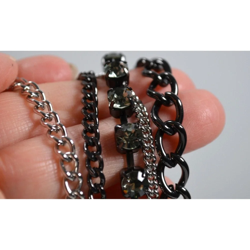Dark Silver Tone Multi Strand Layer Necklace w/ Clear‎ Rhinestone Accent 35.5